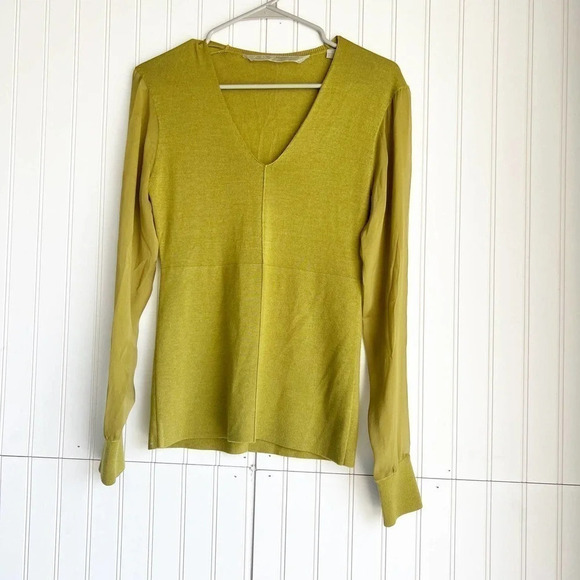 Reed Krakoff Sweaters - Reed Krakoff Sz XS Green Cashmere Wool V Neck Sheer Silk Long Sleeve Sweater Top